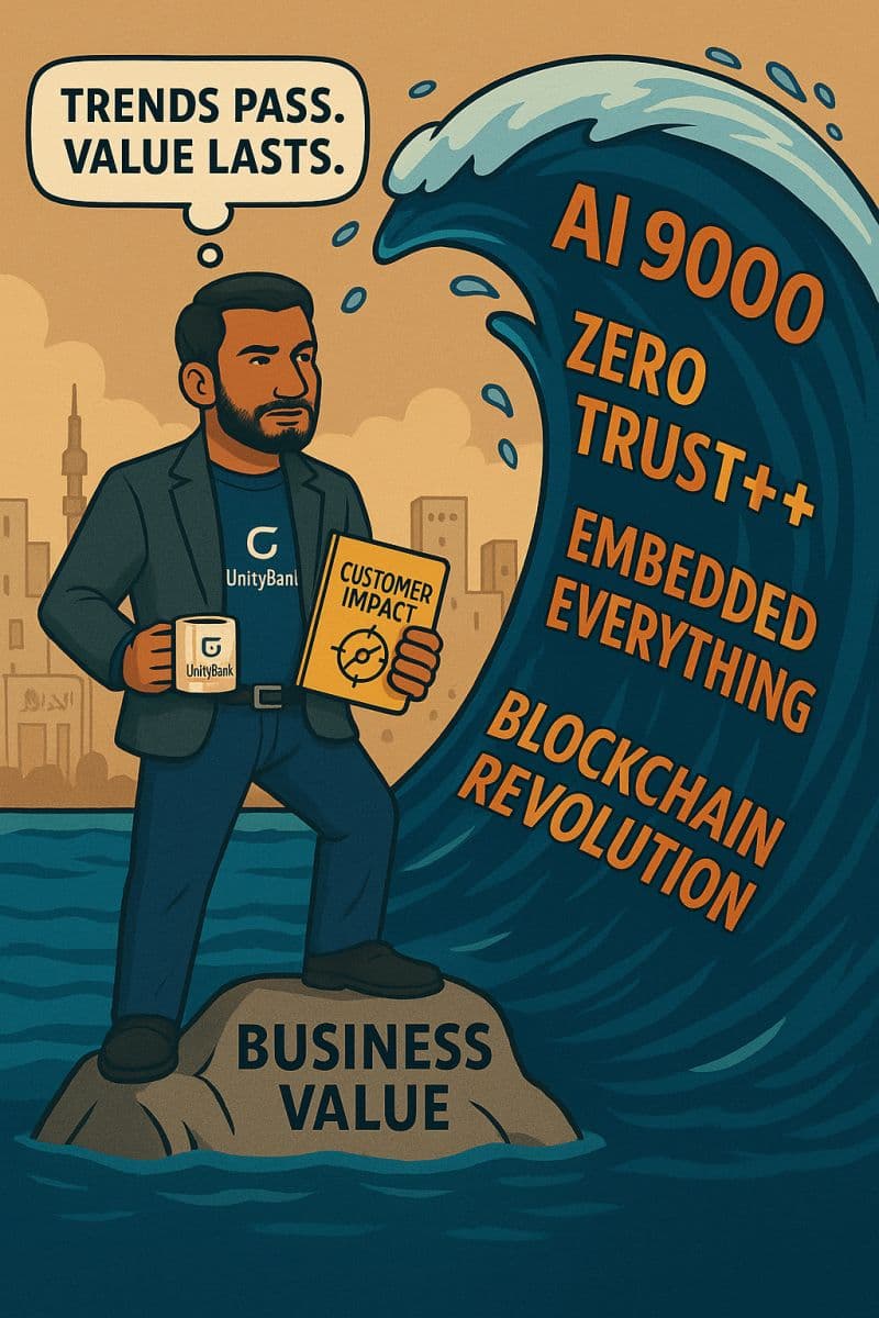 Samir Tek stands on a rock labeled Business Value facing a massive hype wave (AI 9000, Zero Trust++, Embedded Everything, Blockchain Revolution).